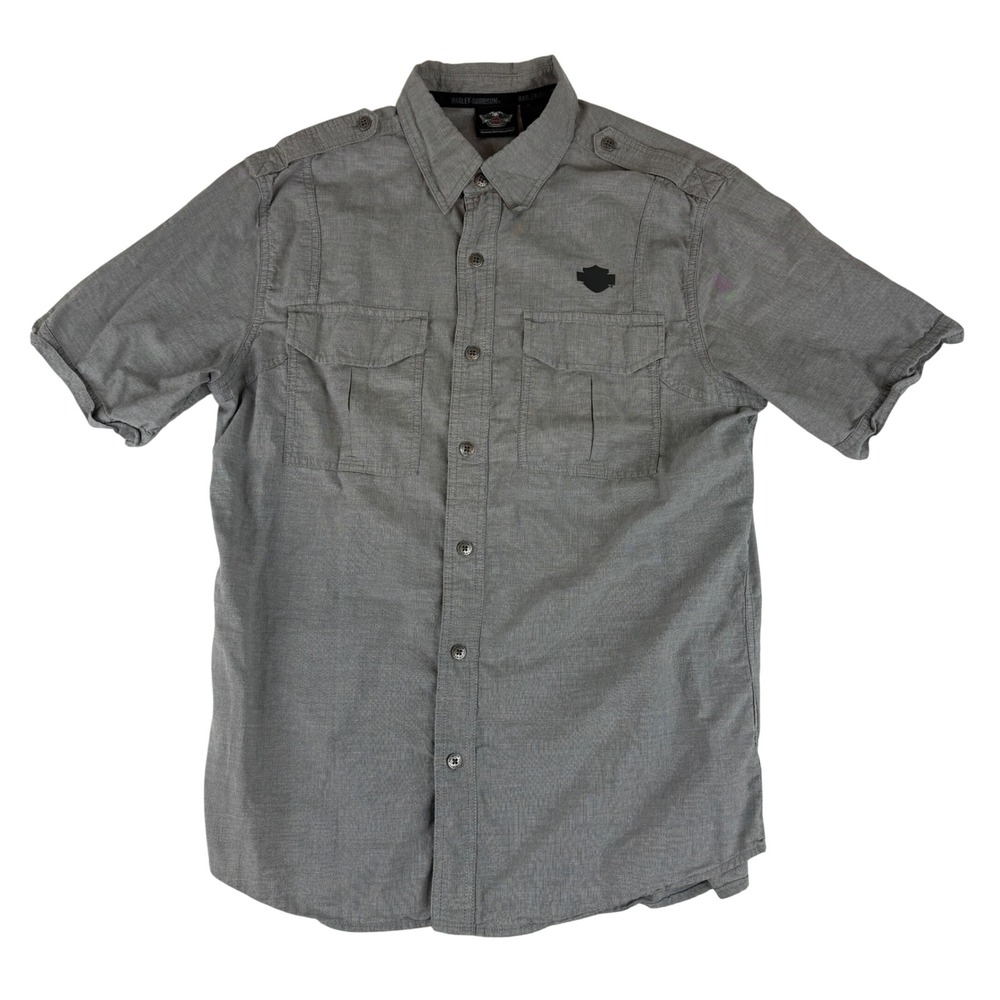 Harley Davidson Button Down Shirt Mens L Grey Short Sleeve Graphic Epaulet 59615